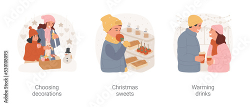 Christmas market isolated cartoon vector illustration set. Choosing Christmas decoration, traditional sweets stall, buy warming drinks, winter market, spending festive time outdoor vector cartoon.