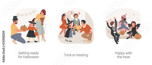 Trick-or-treating isolated cartoon vector illustration set. Getting ready for Halloween, girl trying on witch hat, kids wearing ghost and vampire costumes, happy with the treat vector cartoon.