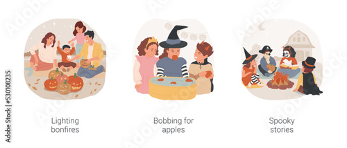 Halloween traditions isolated cartoon vector illustration set. Diverse people lighting bonfire together, kids in costumes play bobbing for apples, children reading spooky stories vector cartoon.