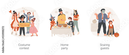 Halloween activities isolated cartoon vector illustration set. Diverse kids taking part in a Halloween costume contest, family having party at home, dad and son scaring guests vector cartoon.