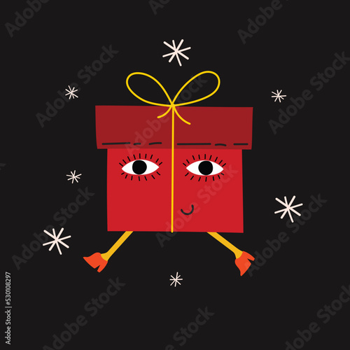 Merry Christmas and Happy New Year 2023. Vector trendy abstract illustration of holiday card with crazy christmas gift box for poster.