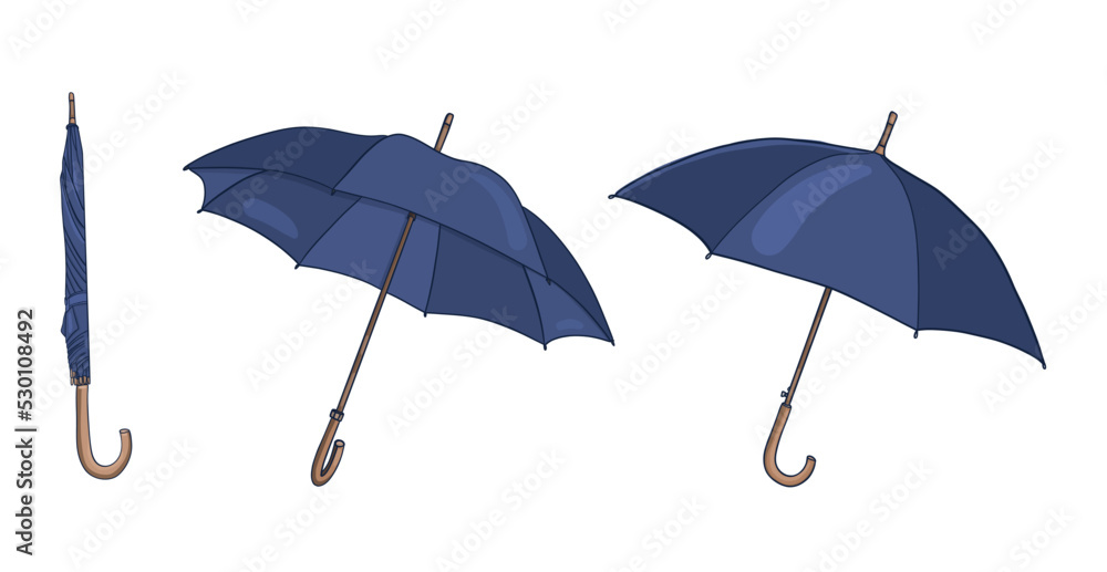 Set of blue umbrellas front and folded. Rain protection on white background isolated Set of blue umbrellas front and folded. Rain protection on white background isolated