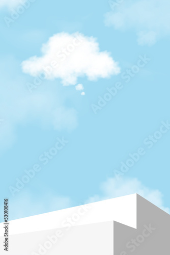 3d white and grey podium step with blue sky with .thought bubble cloud background,Vector illustration banner with Stage Showcase or stairway mockup,Minimal design Backdrop for Spring, Summer product
