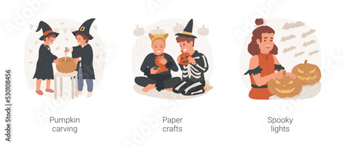 Halloween crafts isolated cartoon vector illustration set. Kids making pumpkin carving, children doing Halloween paper craft, DIY spooky lights, prepare for party, autumn holiday vector cartoon.
