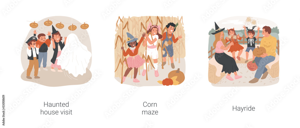 Halloween field trips isolated cartoon vector illustration set. Seasonal attraction for kids, haunted house visit, children in costumes at the corn maze, family having hayride vector cartoon.