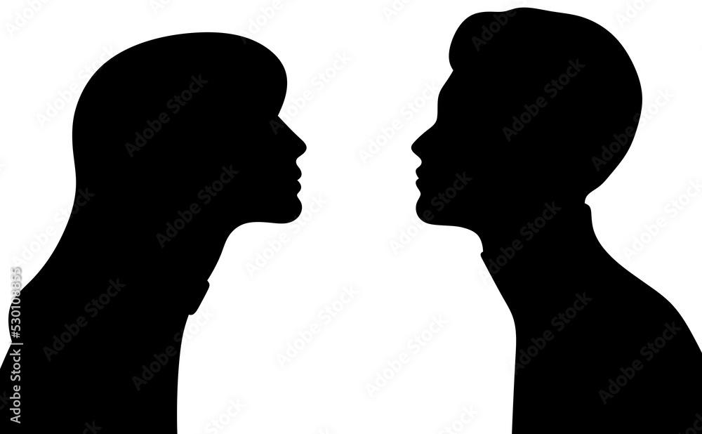 Isolated silhouette of woman and man. Human profile. Lovers looking at each other. Communication between a girl and a guy.