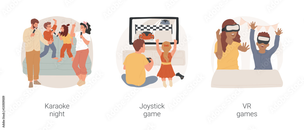 Home entertainment isolated cartoon vector illustration set. Family karaoke night, father and child play joystick game, racing video game, family wearing VR headsets, have fun vector cartoon.