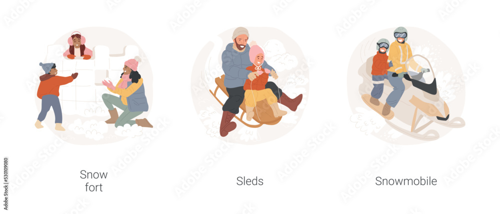 Outdoor winter activities isolated cartoon vector illustration set. Family building a snow fort, riding big sleds together, winter fun, snowmobile adventure, seasonal recreation vector cartoon.