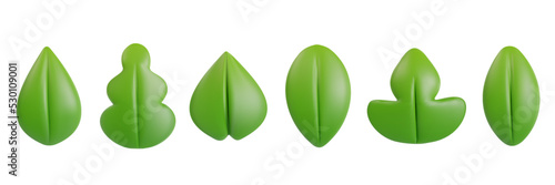 Set 3d realistic green leaf various shapes in minimalistic cartoon style. Collection modern design elements isolated on white background. Soft plastic children toy. Vector art illustration.