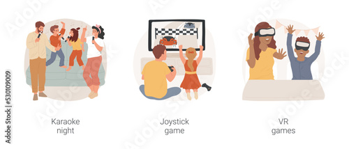 Home entertainment isolated cartoon vector illustration set. Family karaoke night, father and child play joystick game, racing video game, family wearing VR headsets, have fun vector cartoon.