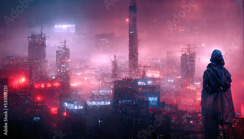 cyberpunk cloaked assassin in a megacity, generative ai