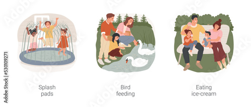 Outdoor family activities isolated cartoon vector illustration set. Summer fun, backyard splash pad, family feeding birds in the park, throwing crumbs, eating ice-cream together vector cartoon.