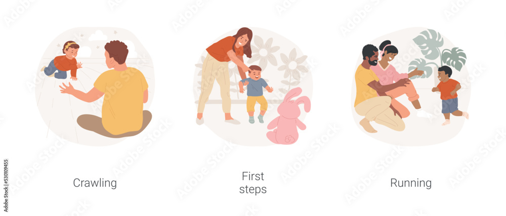 Kids physical development isolated cartoon vector illustration set. Baby crawling on the floor, child making first steps, parent encourage showing the toy, toddler learn running vector cartoon. Kids physical development isolated cartoon vector illustration set. Baby crawling on the floor, child making first steps, parent encourage showing the toy, toddler learn running vector cartoon.