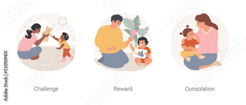 Child encouragement isolated cartoon vector illustration set. Baby challenged to reach out for toy, happy kid getting reward, mom comforting crying child, consolation, raising child vector cartoon.