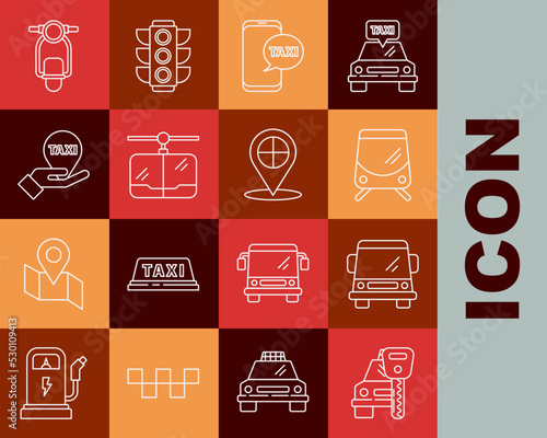 Set line Car rental, Tram and railway, Taxi call telephone service, Cable car, Hand map pointer with taxi, Scooter and Map icon. Vector
