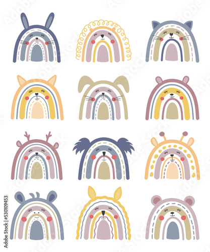 Cute vector illustrations with boho nursery rainbows like animals isolated on white background. Decoration of a children's room, invitations, posters. For Birthday, baby room, children's invitations.