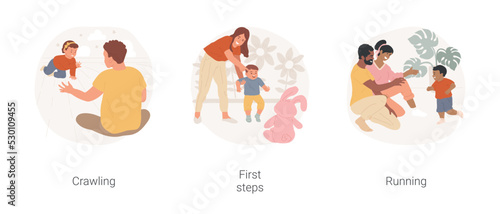 Kids physical development isolated cartoon vector illustration set. Baby crawling on the floor, child making first steps, parent encourage showing the toy, toddler learn running vector cartoon.