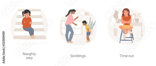 Child punishment techniques isolated cartoon vector illustration set. Naughty step method, parent scolding child, disobeying house rule, kid time-out, sit with resentful face vector cartoon. photo