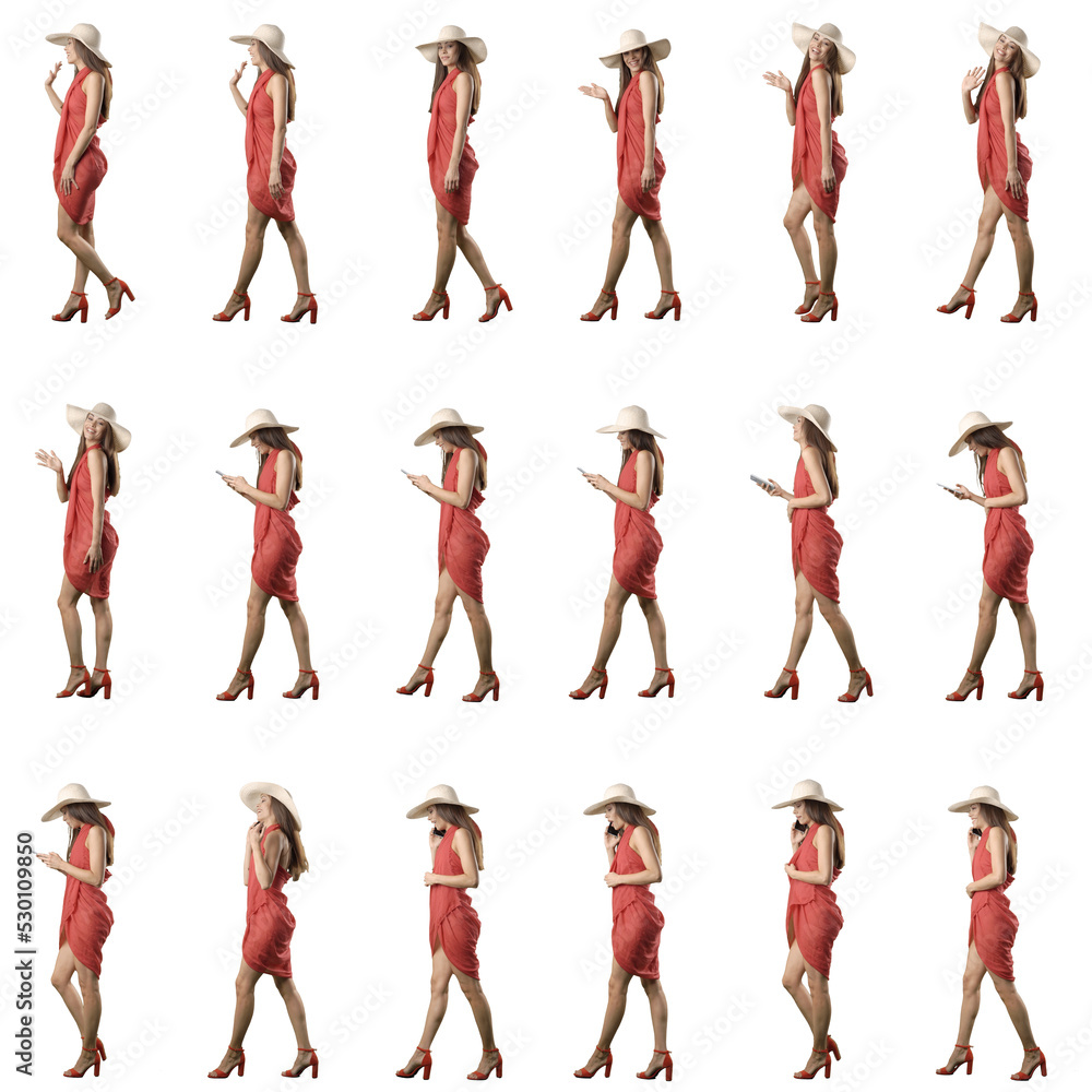 Set of side view walking woman in red beach tunic with hat waving hand and using cell phone. Full body isolated on white background Set of side view walking woman in red beach tunic with hat waving hand and using cell phone. Full body isolated on white background