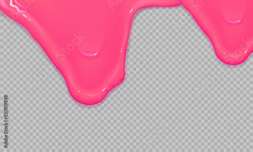 Flowing realistic pink sweet melting icing on transparent background.Dripping glossy pink slime.Spreading sause,cream, milk or caramel.Border of shiny flowing sticky.
