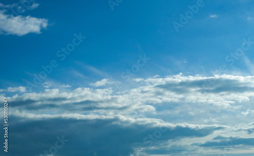 Blue sky with white clouds. Beautiful cloudy sky. Skyward. Endless skyline. The sky at dawn.