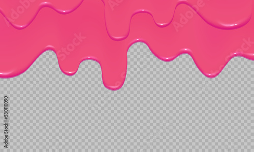 Flowing realistic pink sweet melting icing on transparent background.Dripping glossy pink slime.Spreading sause,cream, milk or caramel.Border of shiny flowing sticky.