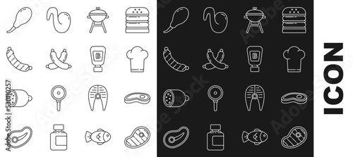 Set line Steak meat, Chef hat, Barbecue grill, Crossed sausage, Sausage, Chicken leg and Sauce bottle icon. Vector