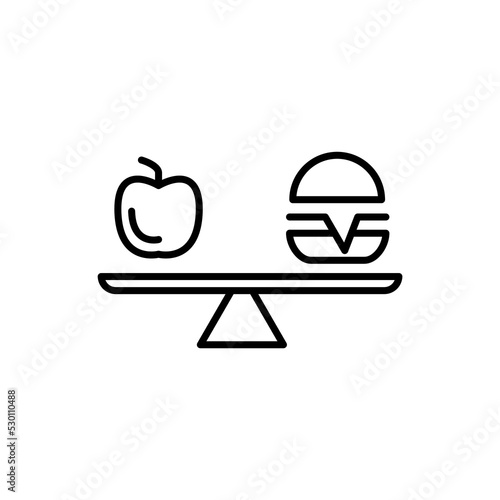 Hamburger and apple on scales line icon. Simple element illustration. Hamburger and apple on scales concept outline symbol design.