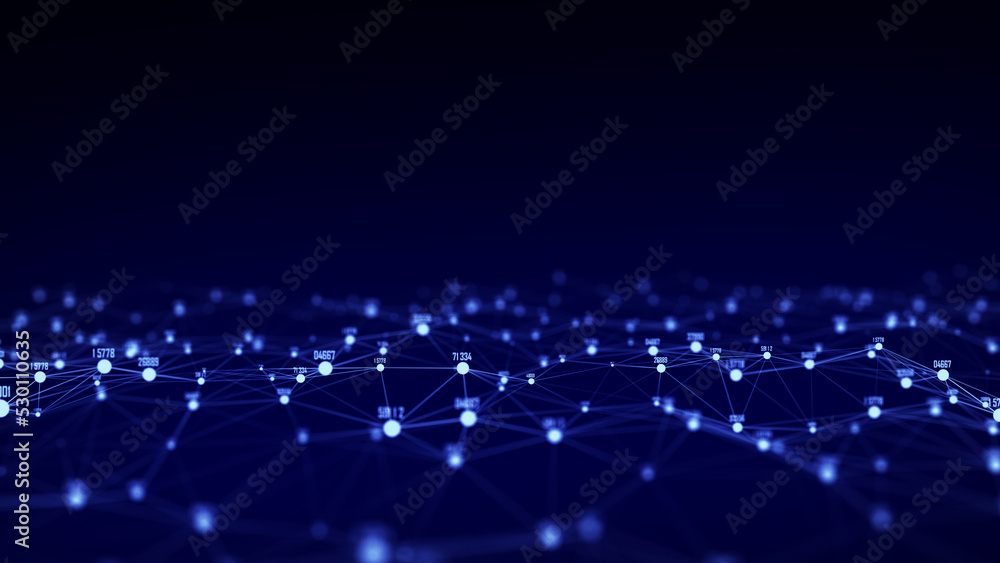 Obraz premium Abstract technology wave of particles. Big data visualization. Dark background with motion dots and lines. Artificial intelligence. 3d rendering.