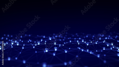 Abstract technology wave of particles. Big data visualization. Dark background with motion dots and lines. Artificial intelligence. 3d rendering.