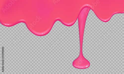 Flowing realistic pink sweet melting icing on transparent background.Dripping glossy pink slime.Spreading sause,cream, milk or caramel.Border of shiny flowing sticky.