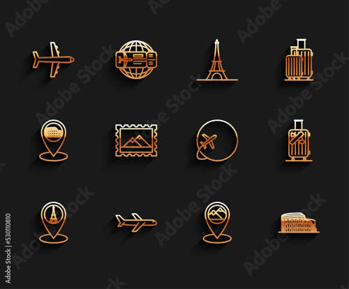 Set line Map pointer with Eiffel tower, Plane, mountain, Coliseum Rome, Italy, Postal stamp and Mountains, Suitcase for travel stickers and Globe flying plane icon. Vector