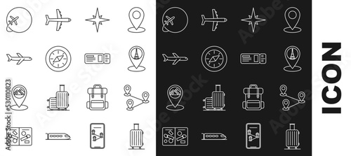 Set line Suitcase for travel, Route location, Map pointer with Eiffel tower, Wind rose, Compass, Plane, Globe flying plane and Travel ticket icon. Vector