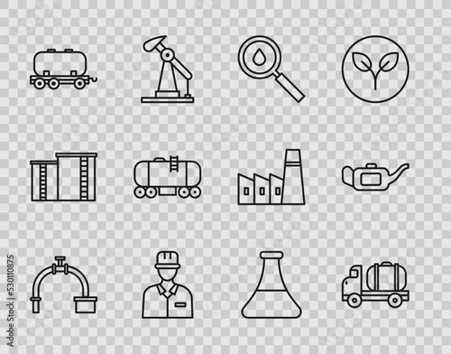 Set line Industry pipe and valve, Tanker truck, Oil drop, Oilman, railway cistern, petrol test tube and Canister for motor oil icon. Vector