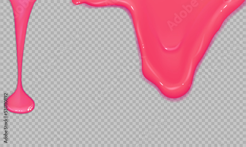 Flowing realistic pink sweet melting icing on transparent background.Dripping glossy pink slime.Spreading sause,cream, milk or caramel.Border of shiny flowing sticky.