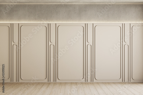 Contemporary empty interior with blank wall and beige wall panels. 3d render illustration mockup.