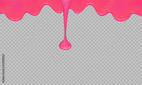 Flowing realistic pink sweet melting icing on transparent background.Dripping glossy pink slime.Spreading sause,cream, milk or caramel.Border of shiny flowing sticky.