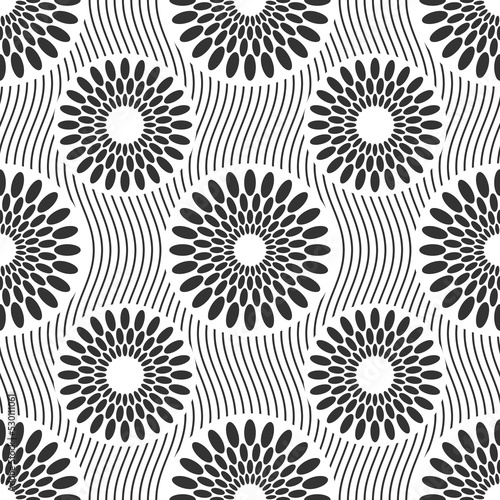 Seamless african fashion vector pattern with circles. Swirling shapes, wavy lines. Black and white oriental background for Fabric Print, Scarf, Shawl, Carpet, Kerchief.
