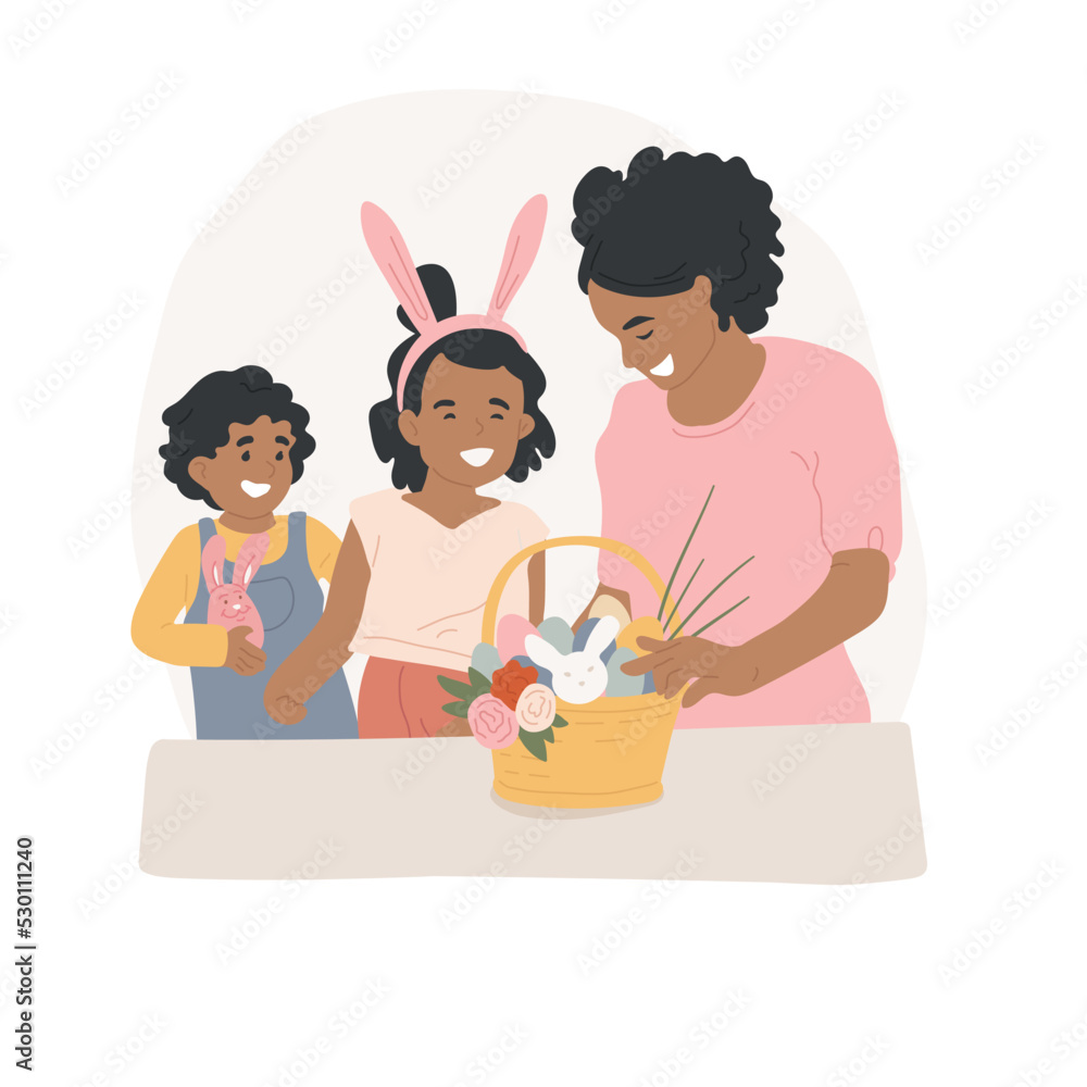 Easter basket isolated cartoon vector illustration. Smiling mother give kids Easter basket, mom and daughter having fun together, religious holiday celebration, festive mood vector cartoon. Easter basket isolated cartoon vector illustration. Smiling mother give kids Easter basket, mom and daughter having fun together, religious holiday celebration, festive mood vector cartoon.