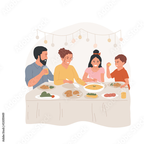 Festive dinner isolated cartoon vector illustration. Happy family gathering for Hanukkah celebration, enjoying dinner for jewish religious holidays, menorah at the table vector cartoon.