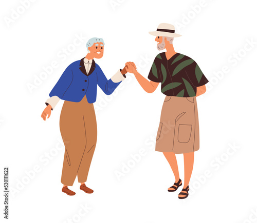 Happy couple of old senior woman and man dancing. Elderly aged spouse dance. Modern smiling retired people, wife and husband moving to music. Flat vector illustration isolated on white background