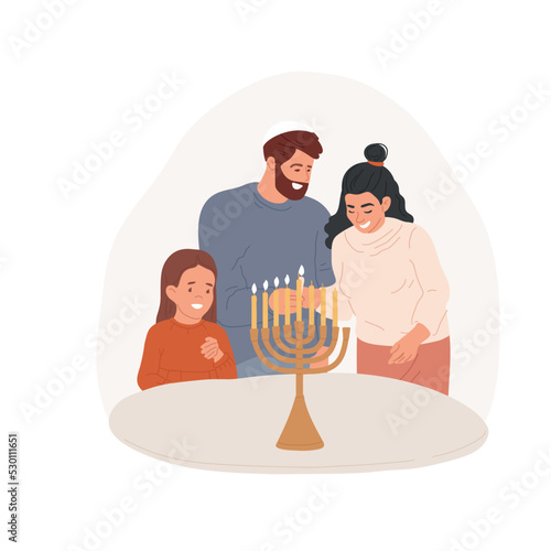 Candle-lighting isolated cartoon vector illustration. Happy family with little girl lighting candles in menorah for Hannukah at home, jewish religious holidays celebration vector cartoon.