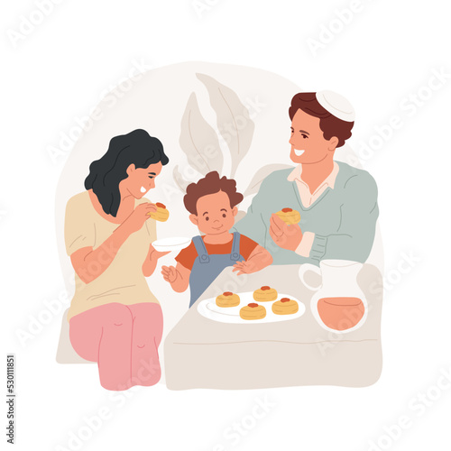 Sufganiyot isolated cartoon vector illustration. Happy family members eating sufganiyot and celebrating Hannukah at home, religious holidays, jewish jam-filled donuts vector cartoon.