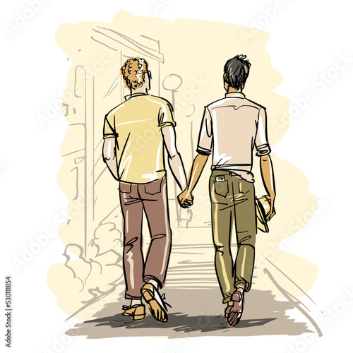 Happy men together. Gay couple. Hand drawn sketch.