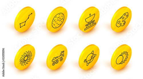 Set line Eclipse of the sun, Satellites orbiting planet Earth, Mars rover, Black hole, Asteroid, Planet Saturn, and Great Bear constellation icon. Vector