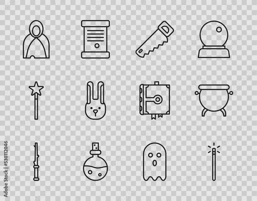 Set line Magic wand, Hand saw, Bottle with love potion, Mantle, cloak, cape, Rabbit ears, Ghost and Witch cauldron icon. Vector Set line Magic wand, Hand saw, Bottle with love potion, Mantle, cloak, cape, Rabbit ears, Ghost and Witch cauldron icon. Vector