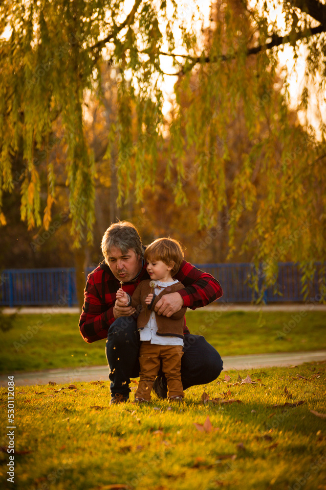 Father and son in a park blowing a dandelion flower Father and son in a park blowing a dandelion flower