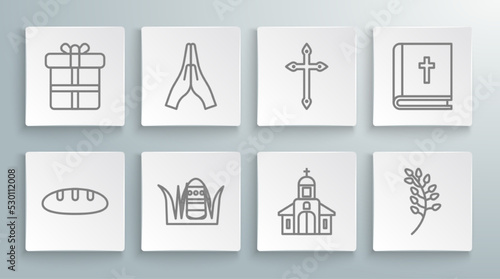 Set line Bread loaf, Hands in praying position, Easter egg, Church building, Willow leaf, Christian cross, Holy bible book and Gift box icon. Vector