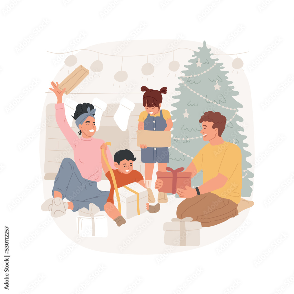 Opening presents isolated cartoon vector illustration. Excited family with kids opening xmas presents together, winter holiday spirit, Christmas time celebration, festive days vector cartoon.