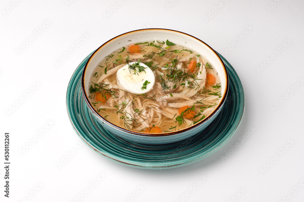 Soup, chicken soup, food on a white background, isolated